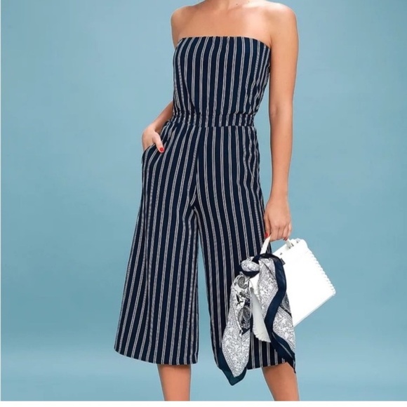 Lulus Jumpsuit Blue White Stripe Strapless Cropped Leg Open Back Elastic Waist - Picture 1 of 16